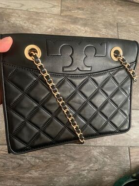 Tory Burch Black Quilted Leather Shoulder Bag with Gold Chain